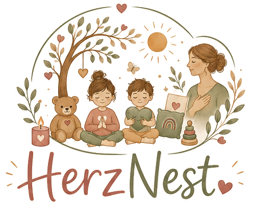Aquarell-Illustration: Familie meditiert unter einem Baum mit Teddybär, HerzNest-Schriftzug